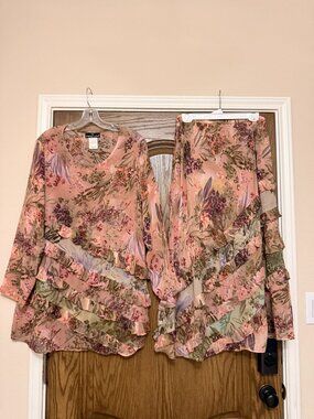 Vintage Carole Little 2 Piece Set Long Sleeve Blouse Maxi Skirt Floral Ruffles